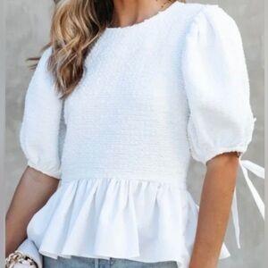 English Factory NWT textured puff sleeve with satiny peplum